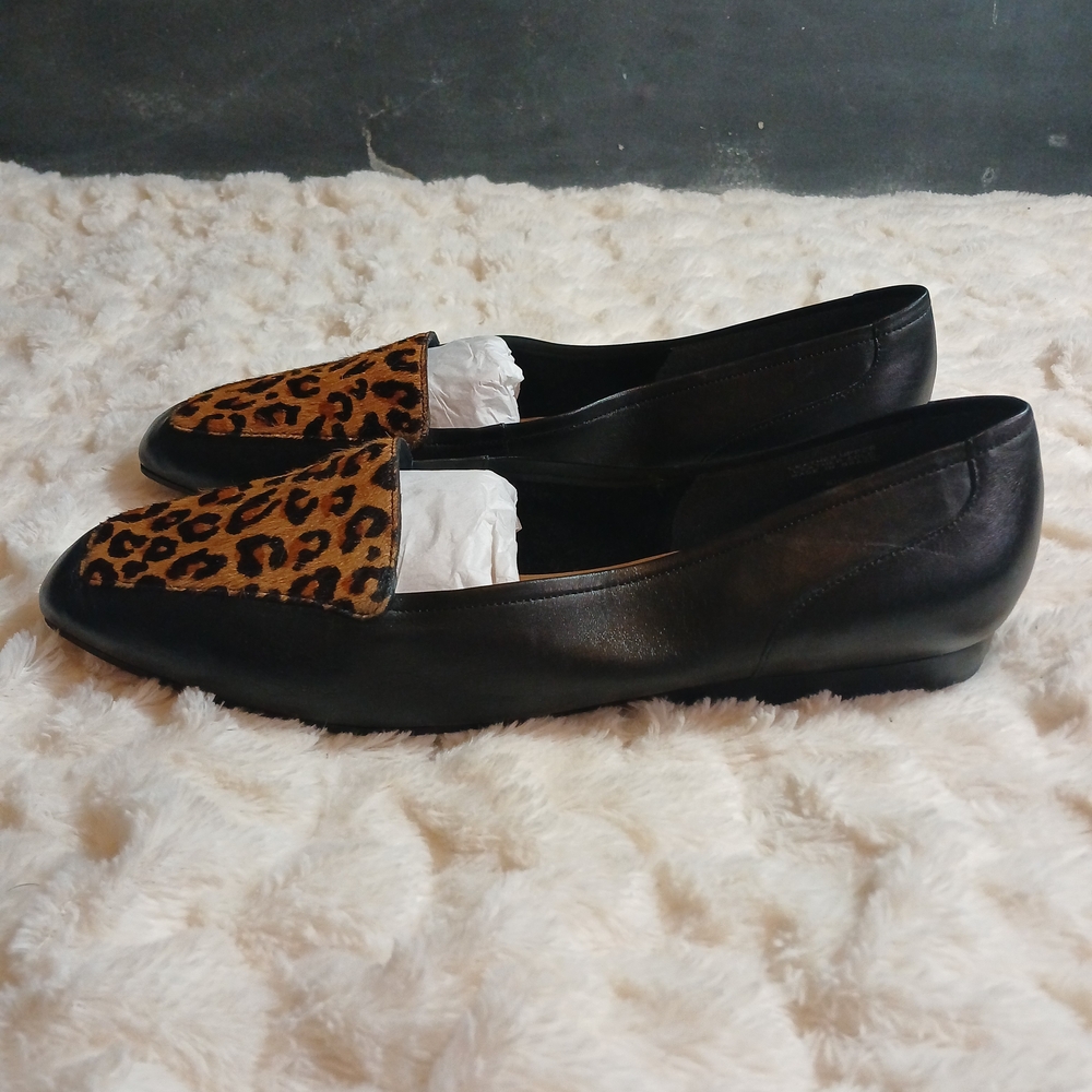 Enzo Angiolini "Rich" Womens Black Leather Slip On Flats Leopard Fur Toe Sz 11 M - Picture 4 of 10
